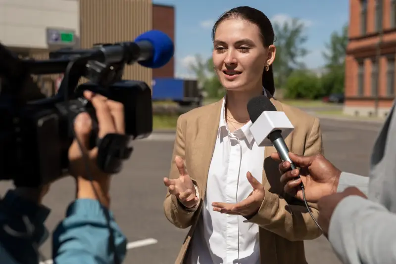 A woman in a beige blazer speaks to reporters, gesturing with her hands, as cameras and microphones are directed toward her.